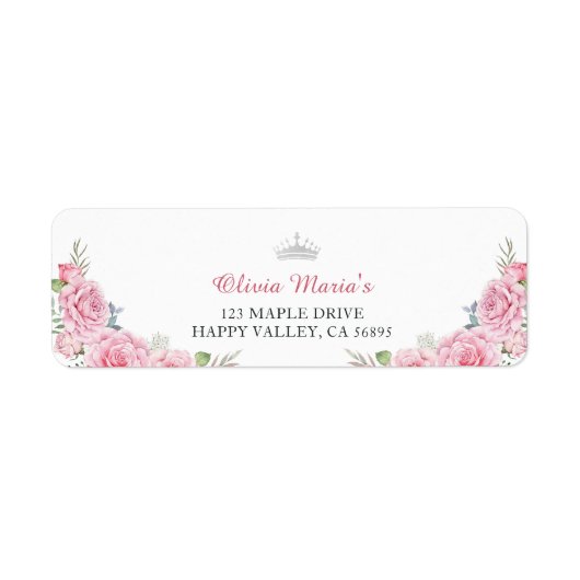 Quinceanera Blush Roze Bloemen Zilveren Kroon Etiket (Voorkant)