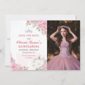 Quinceanera Blush Roze Bloemen Zilveren Kroon Foto Save The Date (Voorkant)