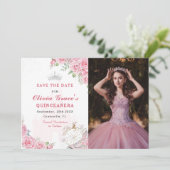 Quinceanera Blush Roze Bloemen Zilveren Kroon Foto Save The Date (Staand voorkant)