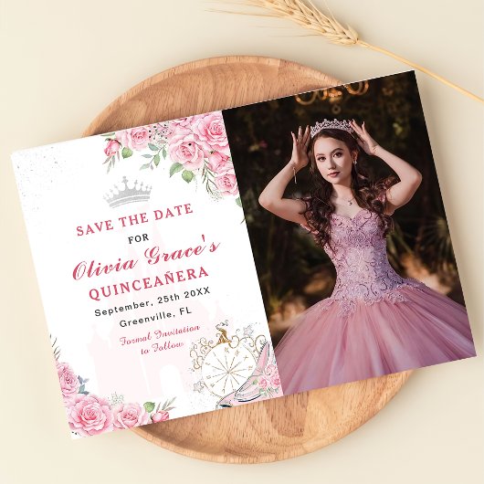 Quinceanera Blush Roze Bloemen Zilveren Kroon Foto Save The Date