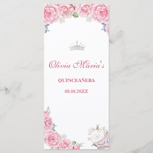 Quinceanera Blush Roze Bloemen Zilveren Kroon Menu (Achterkant)