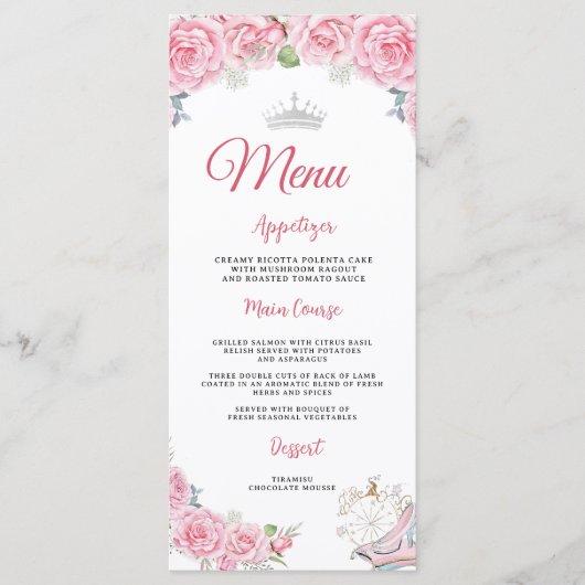 Quinceanera Blush Roze Bloemen Zilveren Kroon Menu (Voorkant)