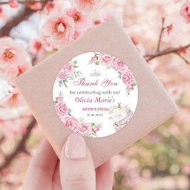Quinceanera Blush Roze Bloemen Zilveren Kroon Ronde Sticker