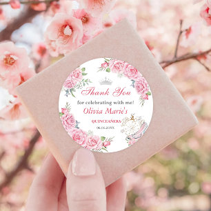 Quinceanera Blush Roze Bloemen Zilveren Kroon Ronde Sticker