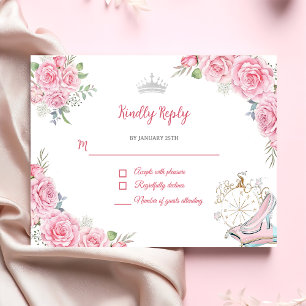 Quinceanera Blush Roze Bloemen Zilveren Kroon RSVP Kaartje