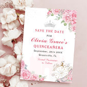 Quinceanera Blush Roze Bloemen Zilveren Kroon Save The Date