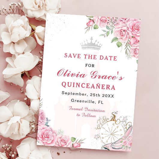 Quinceanera Blush Roze Bloemen Zilveren Kroon Save The Date