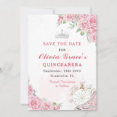 Quinceanera Blush Roze Bloemen Zilveren Kroon Save The Date (Voorkant)