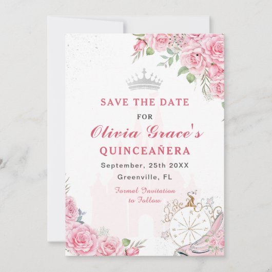 Quinceanera Blush Roze Bloemen Zilveren Kroon Save The Date (Voorkant)