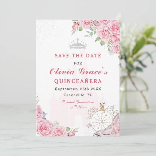 Quinceanera Blush Roze Bloemen Zilveren Kroon Save The Date (Staand voorkant)