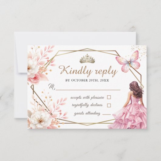 Quinceañera Blush Roze Bloemenvlinder RSVP-kaart RSVP Kaartje (Voorkant)