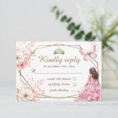 Quinceañera Blush Roze Bloemenvlinder RSVP-kaart RSVP Kaartje (Staand voorkant)