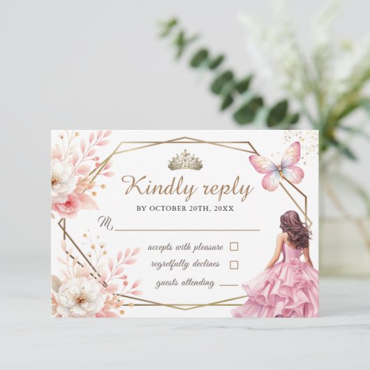 Quinceañera Blush Roze Bloemenvlinder RSVP-kaart RSVP Kaartje (Staand voorkant)