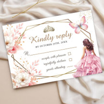 Quinceañera Blush Roze Bloemenvlinder RSVP-kaart