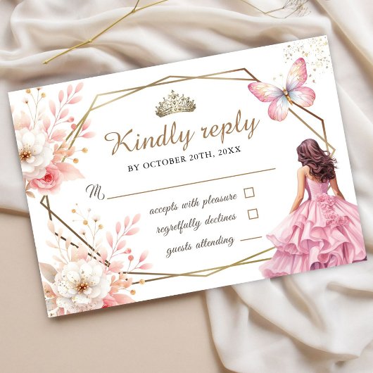 Quinceañera Blush Roze Bloemenvlinder RSVP-kaart RSVP Kaartje