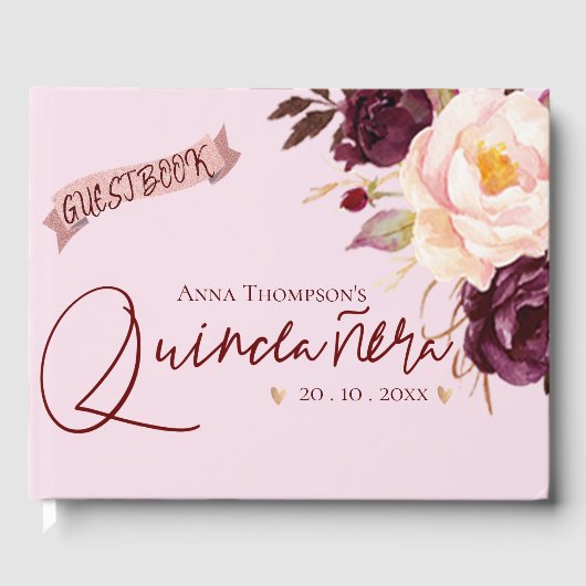 Quinceanera Blush Roze Bourgondische Bloemen Verja Gastenboek (Voorkant)
