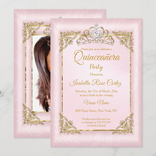 Quinceanera Blush Roze Damasfoto Gold Tiara Kaart (Voorkant / Achterkant)