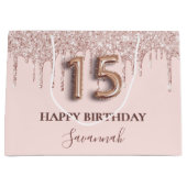 Quinceanera blush roze druppels roos goud groot cadeauzakje (Voorkant)