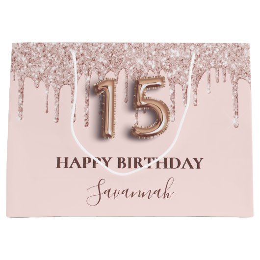 Quinceanera blush roze druppels roos goud groot cadeauzakje (Voorkant)