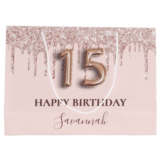 Quinceanera blush roze druppels roos goud groot cadeauzakje (Achterkant)