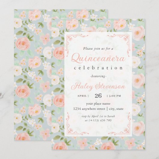 Quinceanera Blush Roze Girly Elegant Chique Floral Kaart (Voorkant / Achterkant)