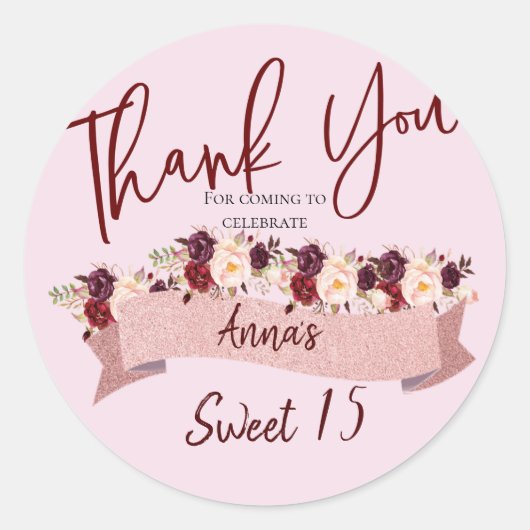 Quinceañera Blush Roze Glitter Bloemen Verjaardag Ronde Sticker (Voorkant)