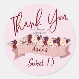 Quinceañera Blush Roze Glitter Bloemen Verjaardag Ronde Sticker