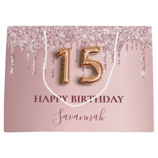 Quinceanera blush roze glitter druppelt monogram n groot cadeauzakje (Voorkant)