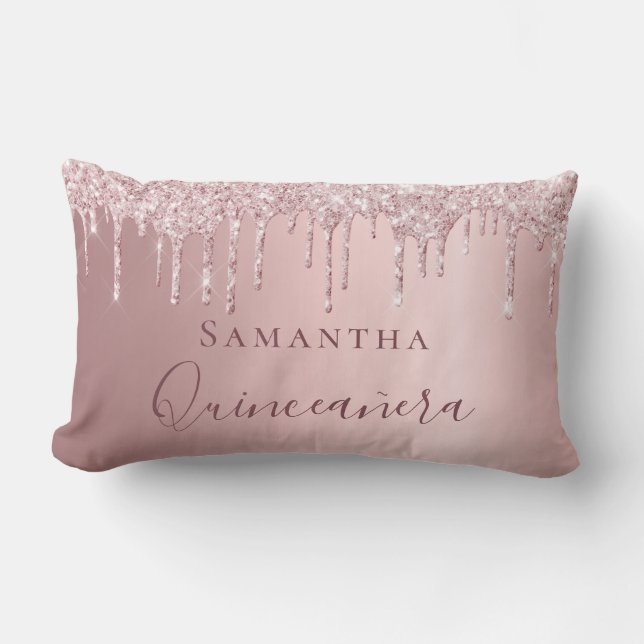 Quinceanera blush roze glitter druppelt monogram n kussen (Voorkant)