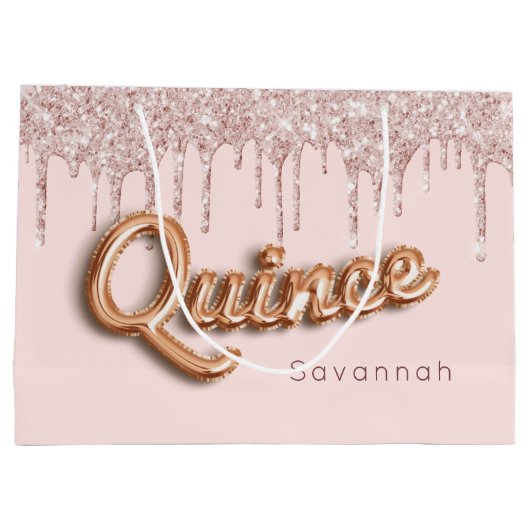Quinceanera blush roze glitter druppelt roos goud groot cadeauzakje (Achterkant)