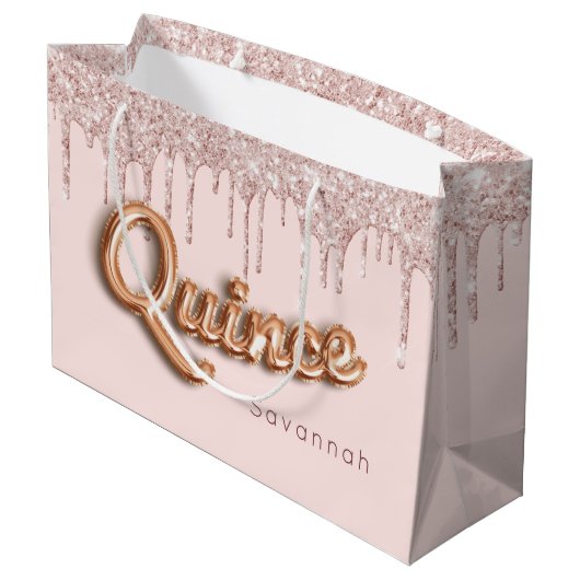 Quinceanera blush roze glitter druppelt roos goud groot cadeauzakje (Achterkant Gekanteld)