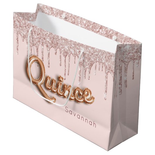Quinceanera blush roze glitter druppelt roos goud groot cadeauzakje (Voorkant Gekanteld)