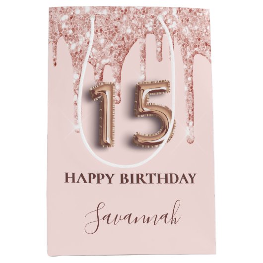 Quinceanera blush roze glitter druppelt roos goud medium cadeauzakje (Voorkant)