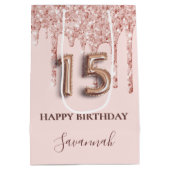 Quinceanera blush roze glitter druppelt roos goud medium cadeauzakje (Achterkant)