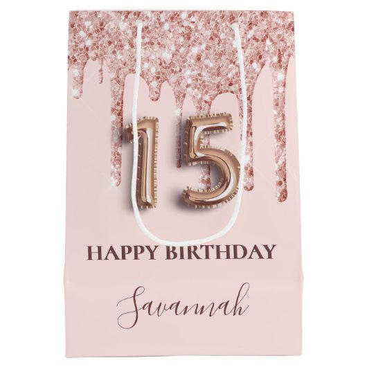 Quinceanera blush roze glitter druppelt roos goud medium cadeauzakje (Achterkant)