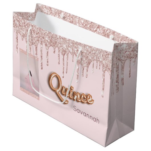 Quinceanera blush roze glitter foto roos goud groot cadeauzakje (Voorkant Gekanteld)