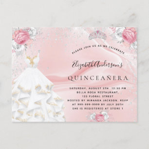 Quinceanera blush roze glitter jurk tiara floral uitnodiging briefkaart