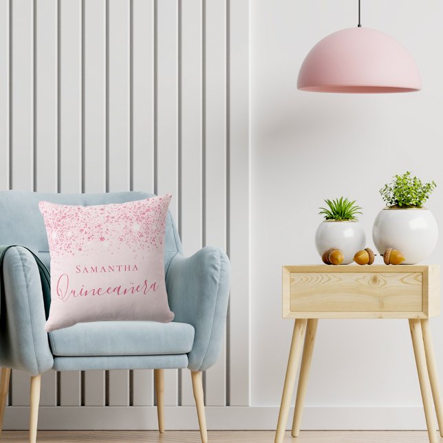 Quinceanera blush roze glitter name script kussen (Creator heeft geüpload)