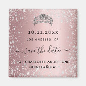 Quinceanera blush roze glitter tiara save the date magneet (Voorkant)