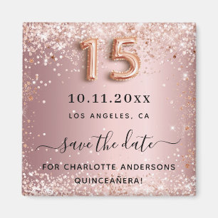 Quinceanera blush roze glitterstof save the date magneet