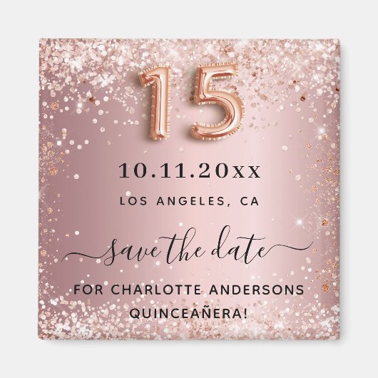 Quinceanera blush roze glitterstof save the date magneet (Voorkant)
