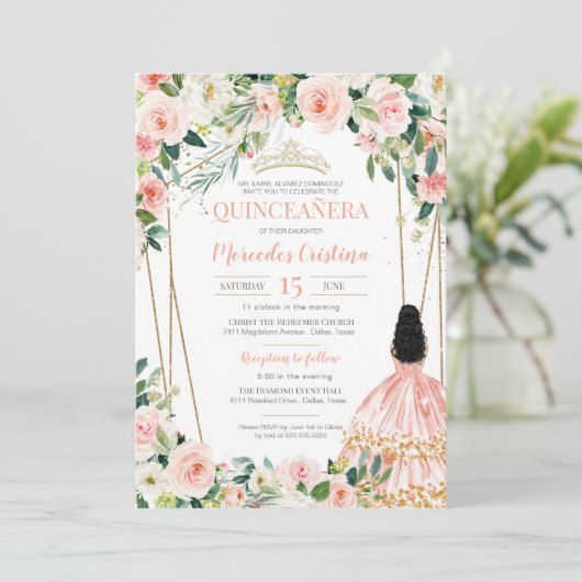 Quinceanera Blush Roze Gold, meisje dat in Kaart (Staand voorkant)