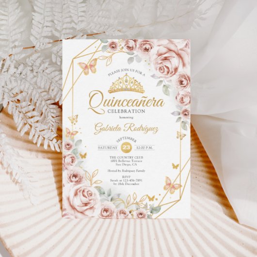 Quinceanera Blush Roze Goud Bloemen Kaart