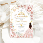 Quinceanera Blush Roze Gouden Bloemen Jurk Kaart<br><div class="desc">Blush roze,  goud en wit Quinceanera viering uitnodiging. Voorzien van brunette meisje in baljurk jurk,  script lettertype,  gouden vlinders,  waterverf rozen en tiara. Perfect voor een elegante prinses stijl glamour viering. Personaliseer met uw eigen gegevens. Gedrukte Zazzle-uitnodigingen of direct downloadbare digitale afdrukbare sjabloon.</div>