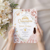 Quinceanera Blush Roze Gouden Bloemen Jurk Kaart