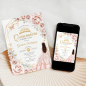 Quinceanera Blush Roze Gouden Bloemen Jurk Kaart