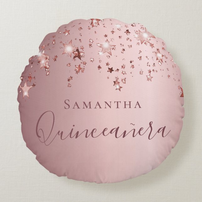 Quinceanera blush roze monogram name sparren rond kussen (Voorkant)