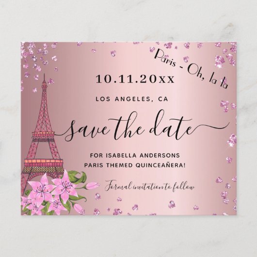 Quinceanera blush roze paris budget save the date flyer (Voorkant)