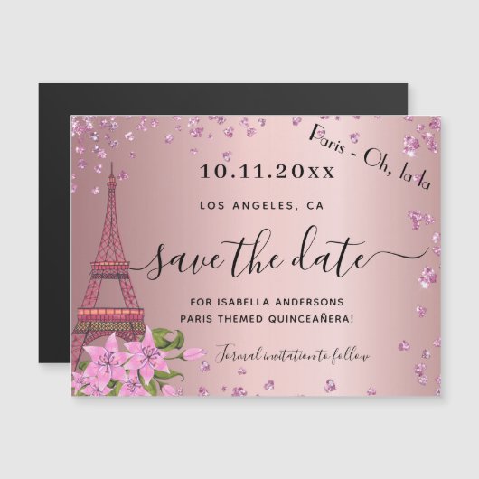 Quinceanera blush roze paris save the date magnet (Voorkant / Achterkant)