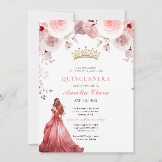 Quinceañera Blush Roze Roos Bloemvlinder Tiara Kaart (Voorkant)